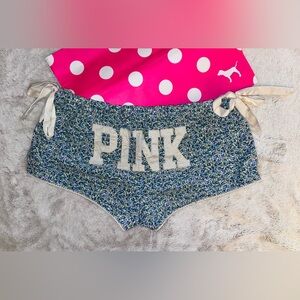 VS PINK VINTAGE Y2K BLUE PURPLE FLORAL LOGO SIDE BOWS BOOTY SHORTS HTF NWOT MED